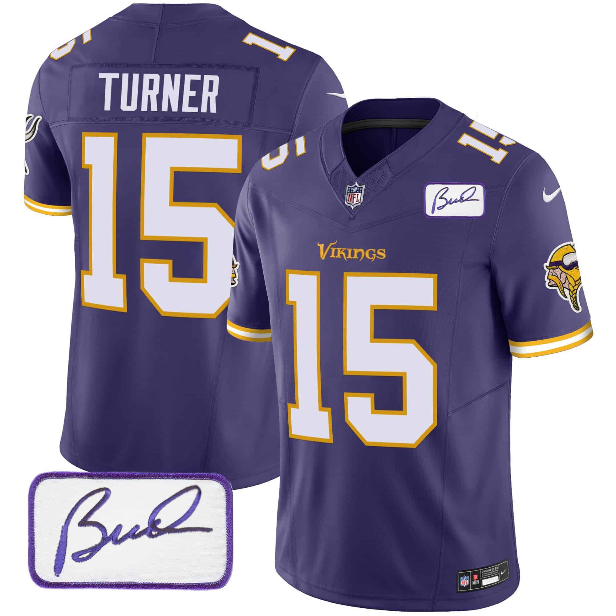 Men Minnesota Vikings #15 Turner Purple 2024 Nike Bud Grant Patch Classic Limited NFL Jersey style 4